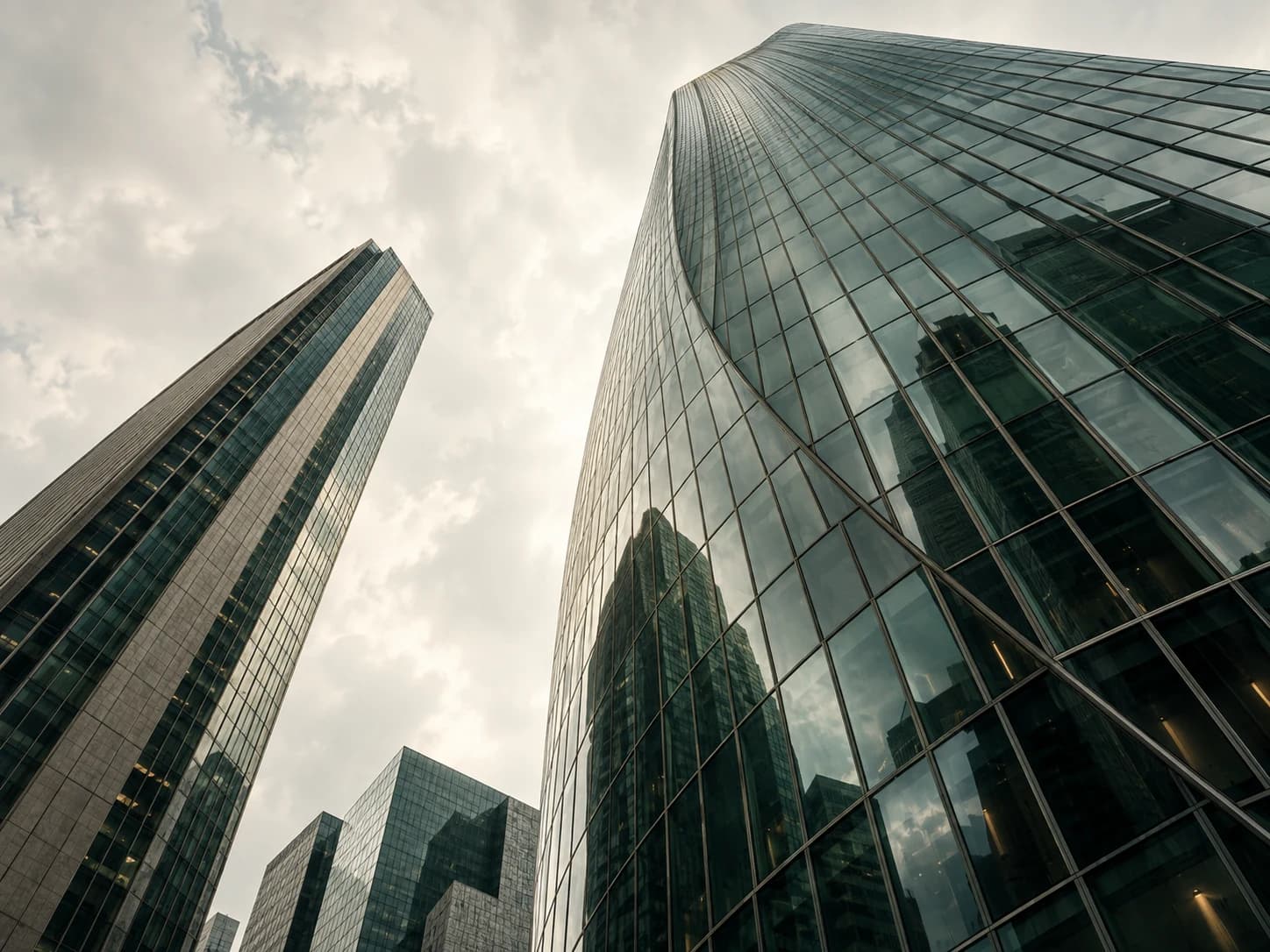 An upward architectural perspective between glass towers.
